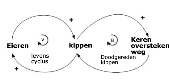 Beginselen complexe systemen die elkaar beïnvloeden. De linker cirkel versterkt het proces en de rechter cirkel remt het proces af